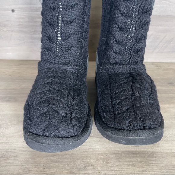 UGG Women’s 7 Black Tularosa Route Cable Knit Pull On Crochet Buckle Boots - Picture 5 of 14